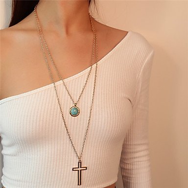 Female layered turquoise pendant necklace, necklaces, long necklace, turquoise cross, the multilayered steel, silver jewelery da