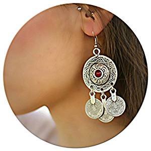 Large antique silver ring long statement unique retro retro large round earrings hanging