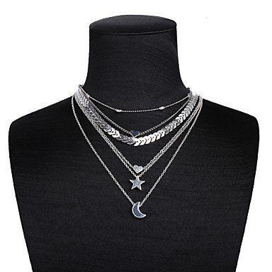 Women tiered pendant necklace, moon, heart, ethnic, fashion silver jewelry necklace 41 + 5 cm daily