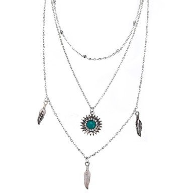 Women retro layered necklace, long necklace, sun, feathers, romance, fashion silver jewelry necklace 46 + 5 cm daily