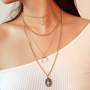 Women tiered pendant necklace long necklace multi-layer cross necklace jewelry crescent