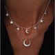 Women tiered layered necklace silver necklace jewelry crescent moon and star