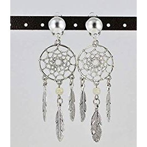 Caught in non-pierced earrings Dreamcatcher feathers hanging metal clip