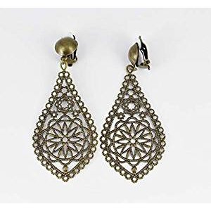 Bronze Filigree teardrop earrings non pierced earrings clip