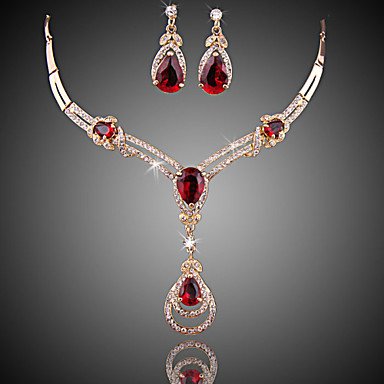 Women's Red Crystal Synthetic Ruby Jewelry Set Drop Earrings Pendant Necklace Pendant Ladies Luxury Fashion Zircon Cubic Zirconi