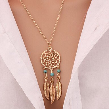 Women turquoise pendant necklace jewelry feather tassels