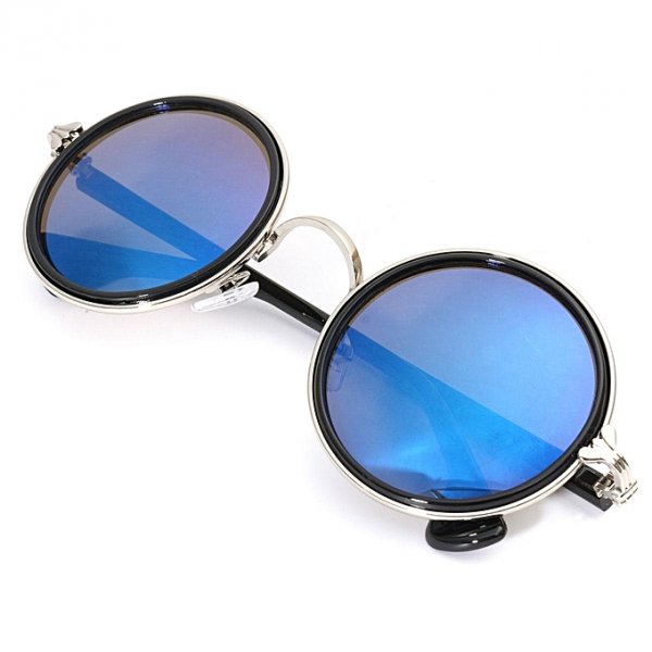 3 retro steampunk retro round sunglasses lens sheet metal frame silver blue Men Women +