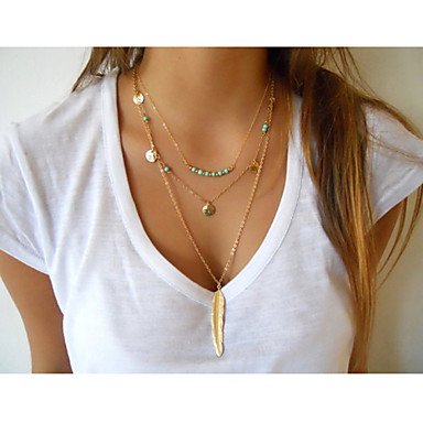 Women Turquoise layered necklace cross necklace jewelry simple retro feather